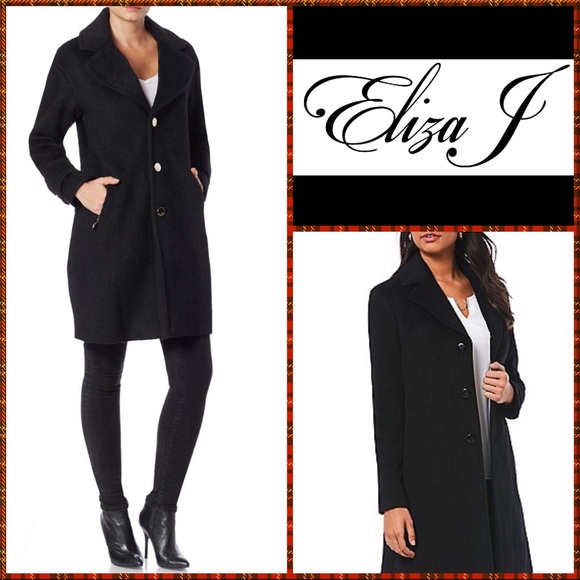 TGIBF Sale NWT Eliza J x Saks Classic Chic Navy Mid Wool Trench Coat - Picture 7 of 8